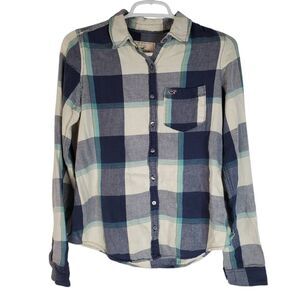 Hollister Check Plaid Long Sleeve Cotton Button-up‎ Shirt Blue White Medium